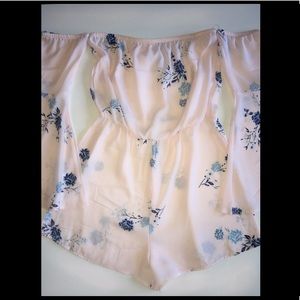 Pink floral romper with off the shoulder sleeves